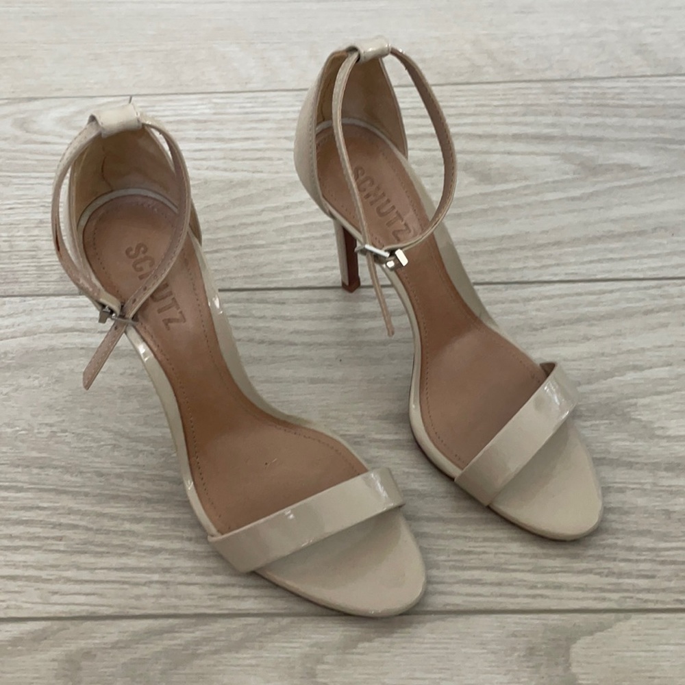 Schutz Cadey-Lee Leather Ankle-Strap Sandals - Nude Heels - Size 7.5 - Worn Once